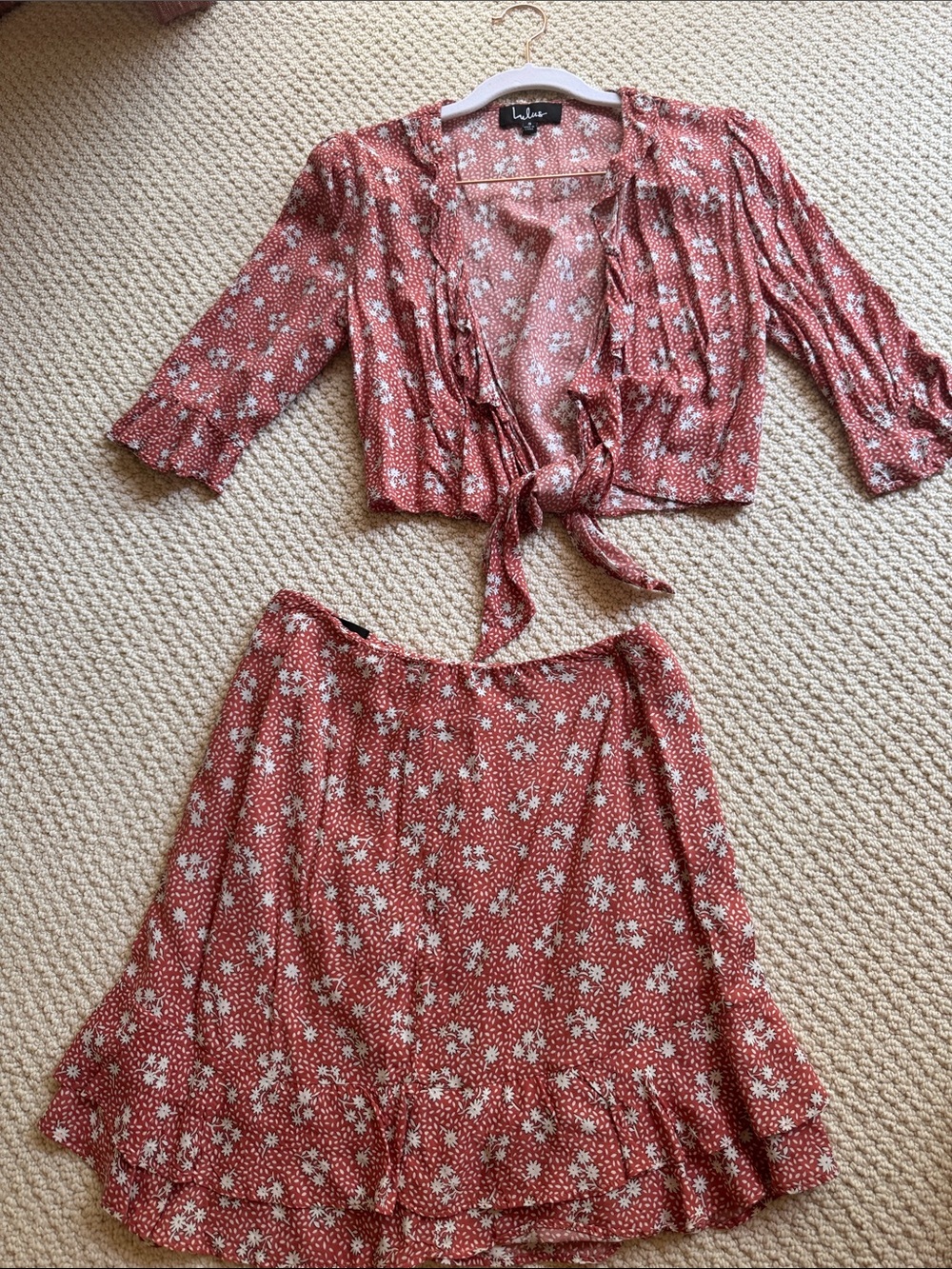 Lulu's Rust-Red Floral Set - tie front blouse with ruffled skirt - Picture 2 of 5